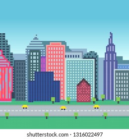 Vector pixel art city background. Architecture background with skyscrapers and road.