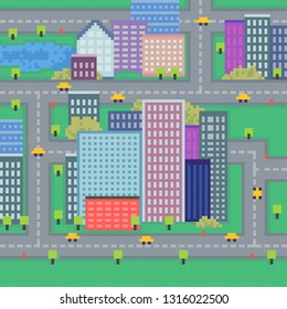 Vector pixel art city background. Architecture background with skyscrapers and road.