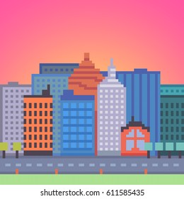 Vector pixel art city background. Architecture background with skyscrapers and road.
