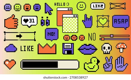 Vector Collage artístico de píxeles de iconos de 8 bits que incluyen cursores retro, Elementos de redes sociales, símbolos de interfaz de usuario y objetos peculiares sobre un fondo de neón.