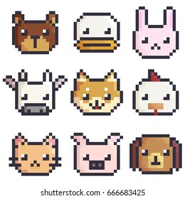 Vector pixel art collection of 9 animals with bear, duck, rabbit, cow, shiba inu, chicken, cat, pig and dog. Perfect for mobile game design, stickers, etc.