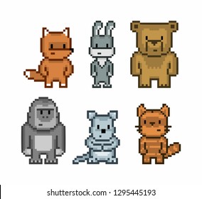 Vector pixel art collection of cute 8 bit animals.