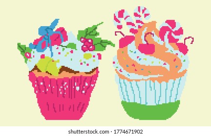 Vector pixel art. Collection of tasty cakes of different tapes and colors 