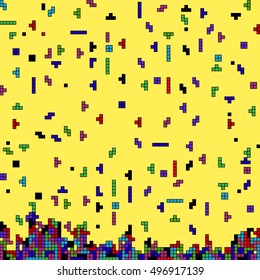 Vector of pixel art with colorful abstract background made of tetris shapes. Colorful pixel tetris shapes. Ideal for children room decoration, wrapping, cards, baby shower, banners, backgrounds.