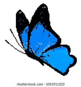 Vector pixel art colorful butterfly. Isolated butterfly on white background.