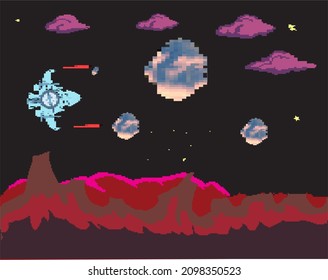
vector pixel art a cosmic area, ship in the surface of the plane vector 

illustration game location