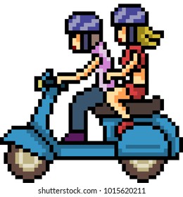 vector pixel art couple ride motorcycle isolated