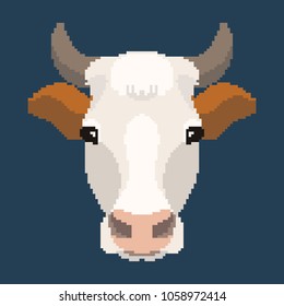 Vector pixel art cow face 8 bit icon