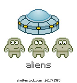 Vector pixel art cute aliens and UFO