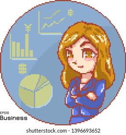 vector pixel art of a cute business girl on sample graphs background