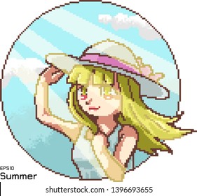 vector pixel art of a cute girl with hat on sun light and clear sky