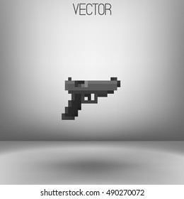 Vector pixel art dark grey gun icon. Retro game element. EPS 8. Pistol sign.
