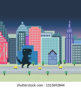 Vector pixel art art dinosaur in the city background. Architecture background with skyscrapers and road.  