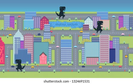 Vector pixel art art dinosaur in the city background. Architecture background with skyscrapers and road. 