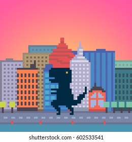 Vector pixel art dinosaur in the city background