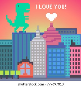 Vector pixel art dinosaur in the city background