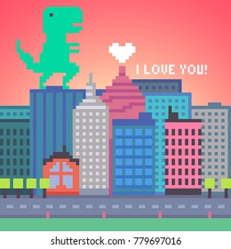 Vector pixel art dinosaur in the city background