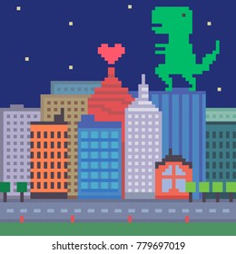 Vector pixel art dinosaur in the city background