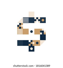 Vector Pixel Art dollar mark. Colorful symbol Consist of Modules from Strips, squares and dots on white background. Geometric Alphabet for Posters like electronic scoreboard.