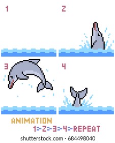 vector pixel art dolphin animation frame isolated