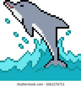 vector pixel art dolphin jump isolated cartoon