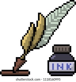 vector pixel art feather pen isolated cartoon