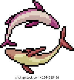 vector pixel art fish jump isolated cartoon
