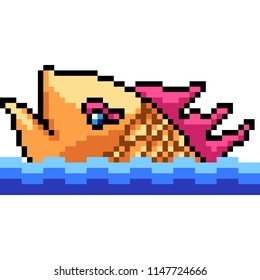 vector pixel art fish swim isolated cartoon