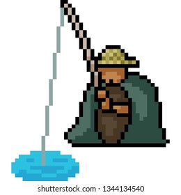 vector pixel art fishing isolated cartoon