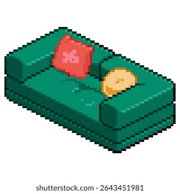 Vetor pixel arte de sofá verde macio e confortável com almofada laranja e amarela para relaxar na sala de estar para adesivo, elemento, ícone, jogo