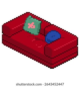 Vector pixel art of fluffy and comfy red sofa with blue and green cushion for chill and relax in the living room for sticker, element, icon, game