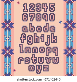 Vector pixel art font, isolated numbers and alphabet with colorful nordic decorative pattern