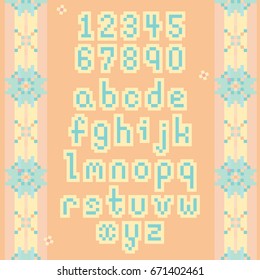 Vector pixel art font, isolated numbers and alphabet with colorful nordic decorative pattern