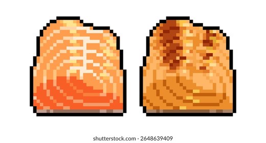 Vector pixel art of fresh raw and cooked or grilled salmon with orange flesh ready to eat as sushi, sashimi, or salmon steak very tasty delicious for game, element, icon, sticker