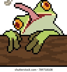vector pixel art frog eat bug isolated