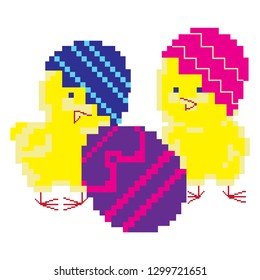 Vector pixel art. Funny yellow chickens in different poses