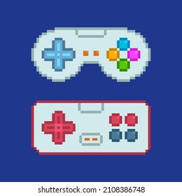 Vector Pixel Art gamepad icos for 8-bit console retro video game design. Pixel game controller and navigation