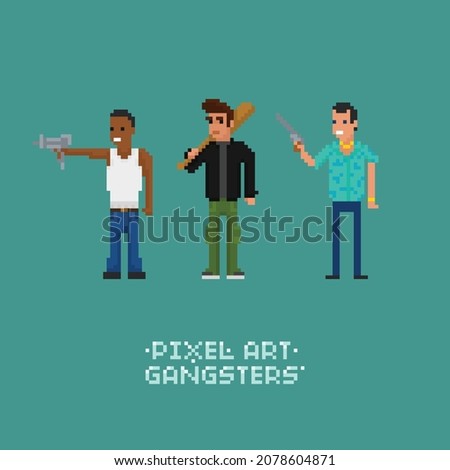 Vector pixel art gangster criminal character set. Man pointing UZI, holding a bat, revolver, 8 bit retro style illustration