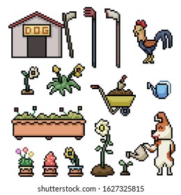 vector pixel art garden dog isolated set