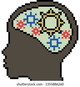 vector pixel art gear brain isolated cartoon