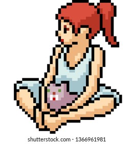 vector pixel art girl with cat isolated cartoon