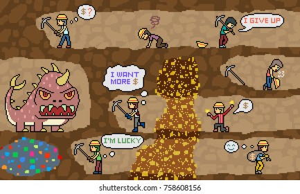 vector pixel art gold mine dig scene