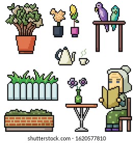 vector pixel art grandma relax isolated set