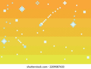 Vector pixel art graphic game background. At evening sunset with stars or sunrise, sunny sky. Colorful cosmic comets abstract illustration 8 bit landscape arcade game. Disappear transform effect