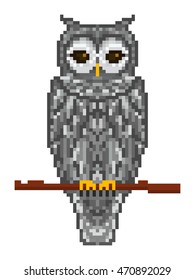 Vector pixel art gray forest horned owl sitting on a tree branch isolated on white background. 
