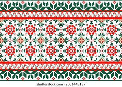 Vector pixel art, green, red, for fabric, carpet, clothing, motif, textile, cross-stitch, embroidery, wallpaper and background