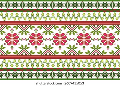 Vector pixel art in green and red, designed for fabric, carpets, clothing, motifs, textiles, cross-stitch, embroidery, wallpaper, and background.