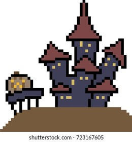 Vector Pixel Art Halloween Castle Isolated