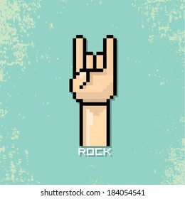 vector pixel art hand sign rock n roll music on on stylish turquoise grunge background. rock n roll icon