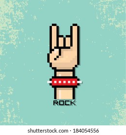 Vector Pixel Art Hand Sign Rock N Roll Music On On Stylish Turquoise Grunge Background. Rock N Roll Icon